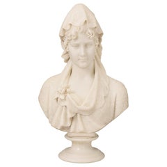 Italian 19th Century Carrara Marble Bust of a Maiden, Signed Lapini 1890