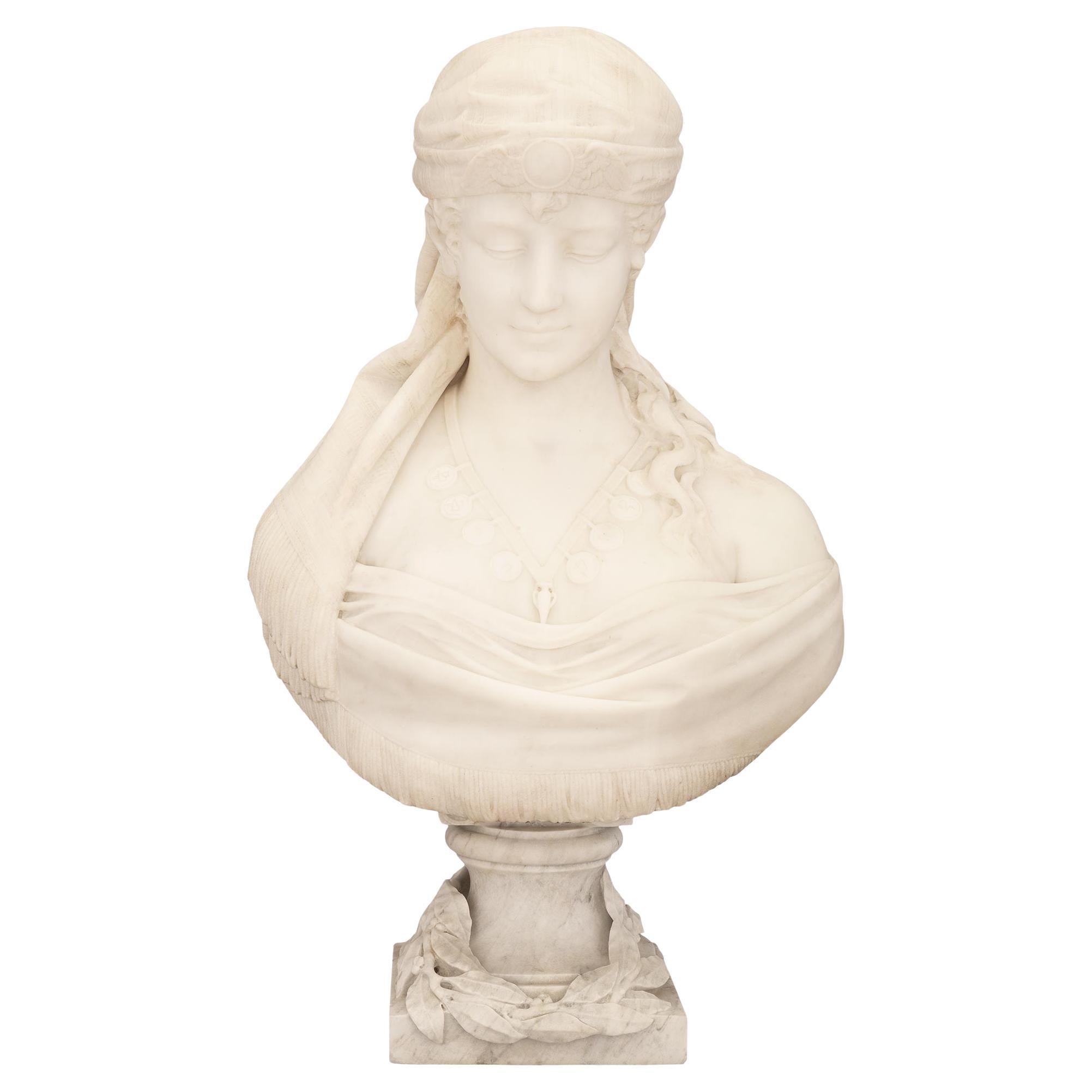 Italian 19th century Carrara marble bust of Cleopatra, signed C. Lapini 1888
