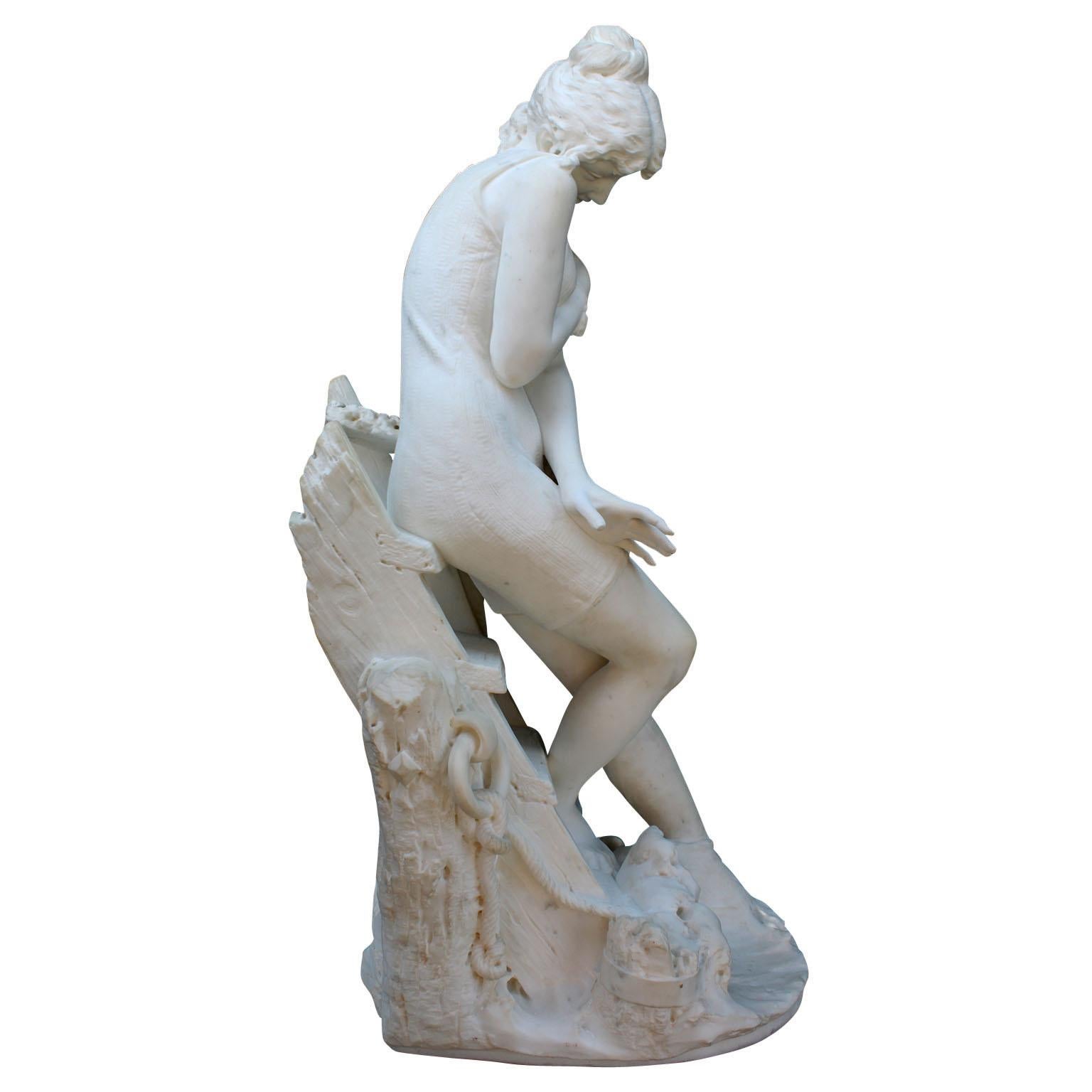 Italian 19th Century Carrara Marble Sculpture Going for a Swim by Emilio Fiaschi For Sale 6