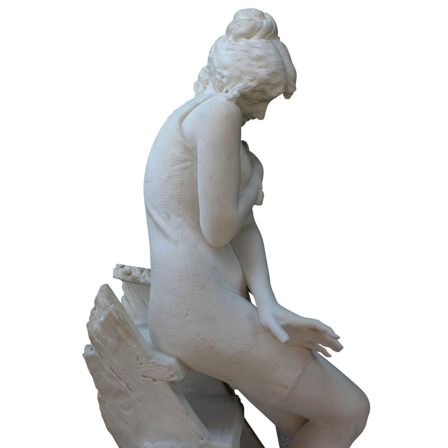 Italian 19th Century Carrara Marble Sculpture Going for a Swim by Emilio Fiaschi For Sale 8