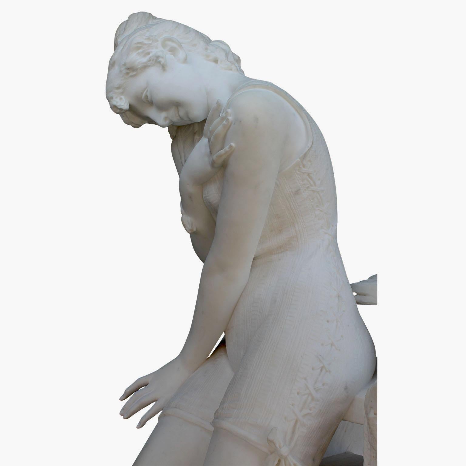 Italian 19th Century Carrara Marble Sculpture Going for a Swim by Emilio Fiaschi For Sale 10