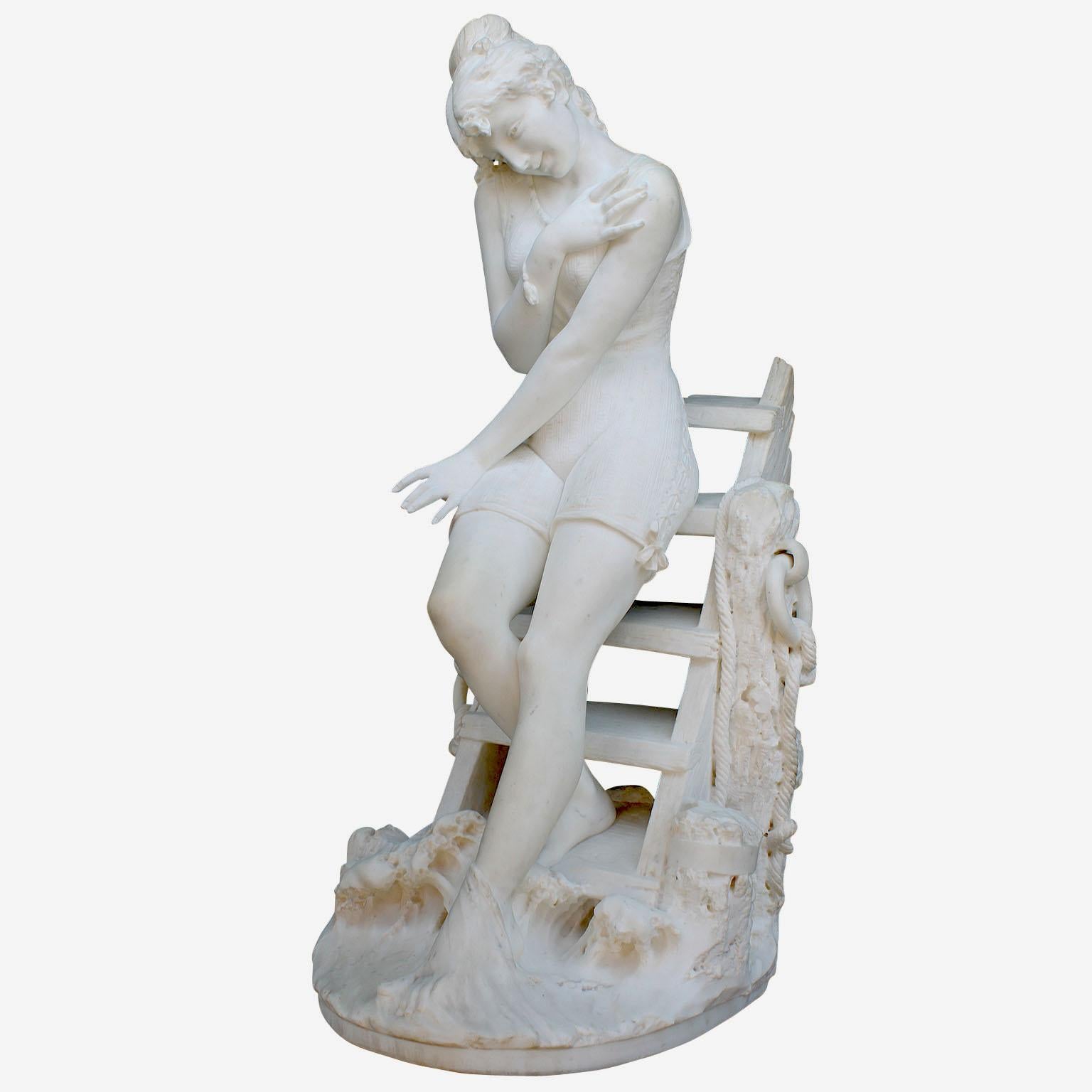 Italian 19th Century Carrara Marble Sculpture Going for a Swim by Emilio Fiaschi For Sale 11