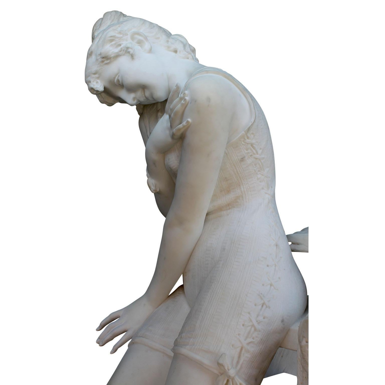 Italian 19th Century Carrara Marble Sculpture Going for a Swim by Emilio Fiaschi For Sale 12