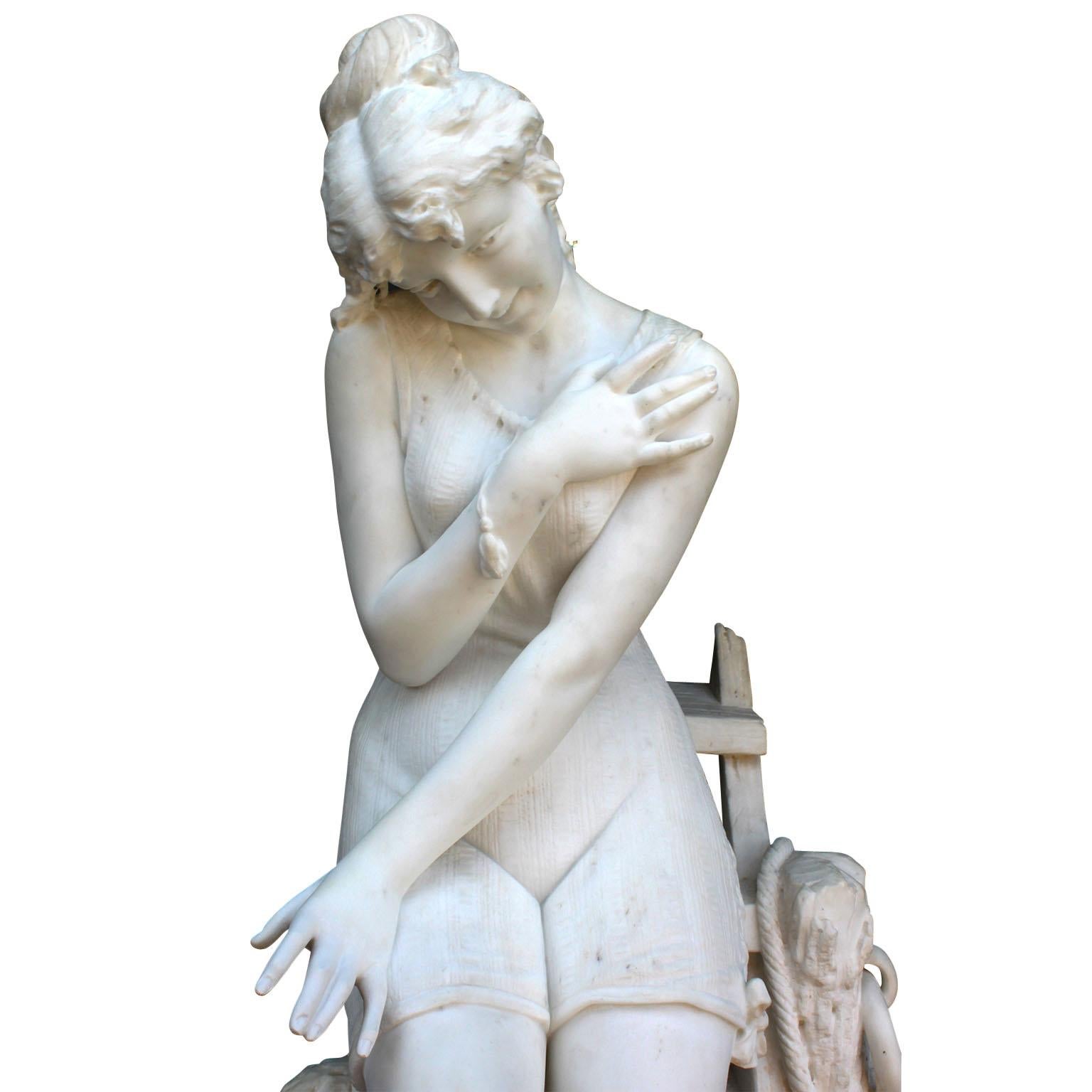 Italian 19th Century Carrara Marble Sculpture Going for a Swim by Emilio Fiaschi For Sale 14