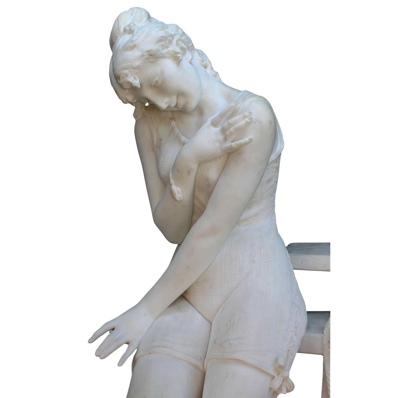 Hand-Carved Italian 19th Century Carrara Marble Sculpture Going for a Swim by Emilio Fiaschi For Sale