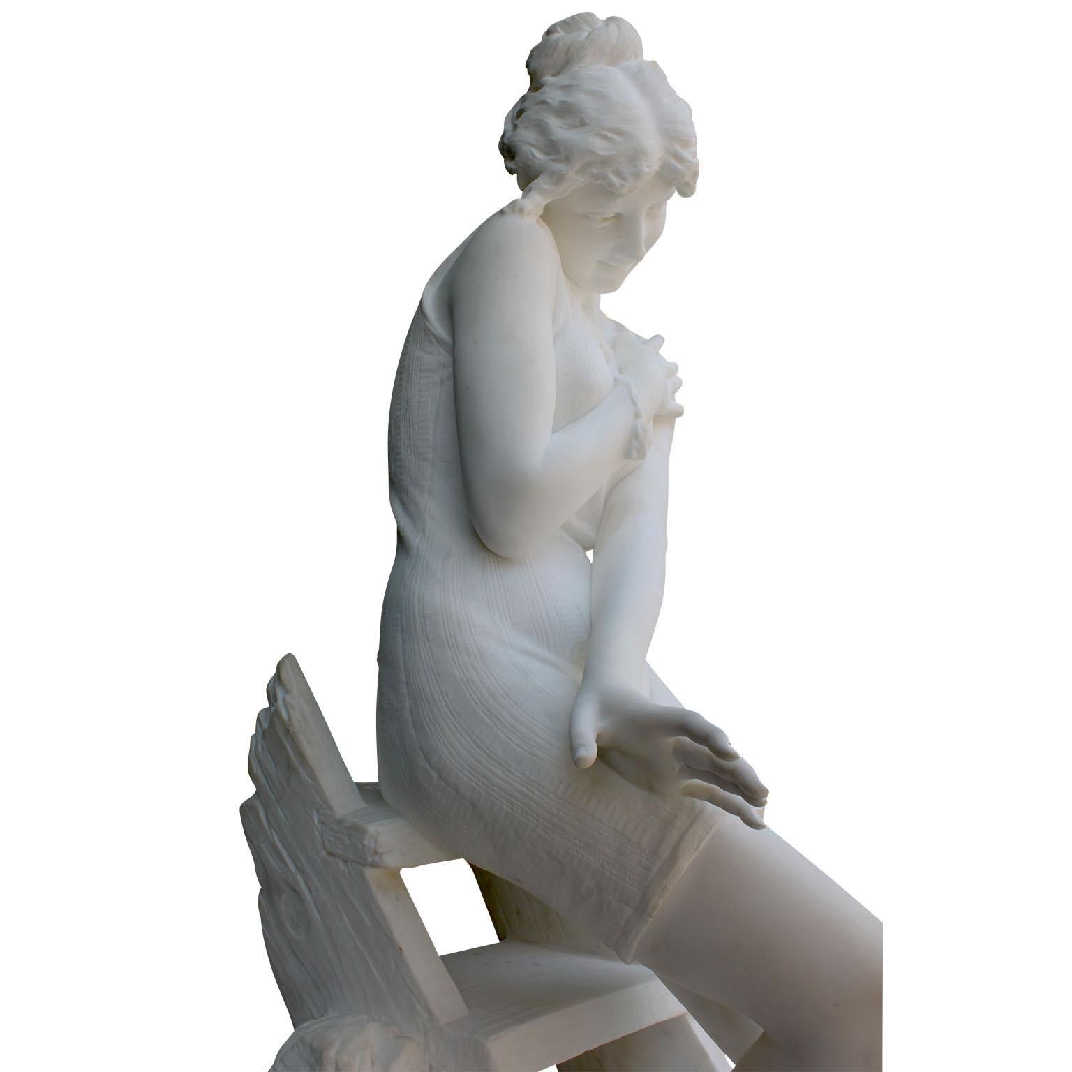 Italian 19th Century Carrara Marble Sculpture Going for a Swim by Emilio Fiaschi For Sale 1