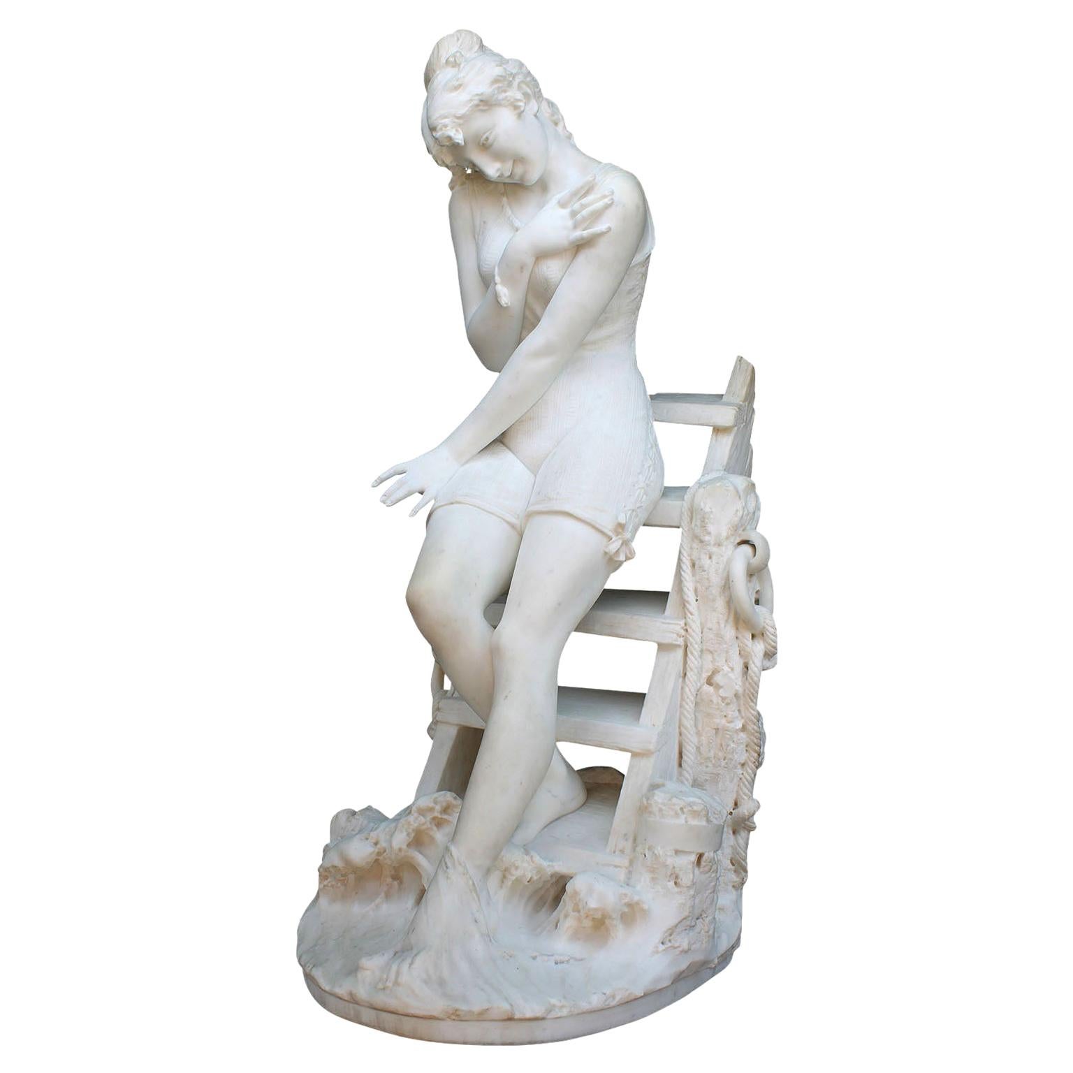 Italian 19th Century Carrara Marble Sculpture Going for a Swim by Emilio Fiaschi