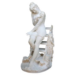 Italian 19th Century Carrara Marble Sculpture Going for a Swim by Emilio Fiaschi