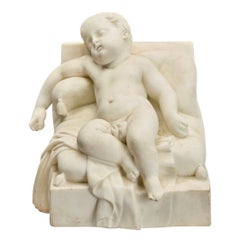 Italian 19th Century Carrara Marble Sculpture of a Sleeping Putto