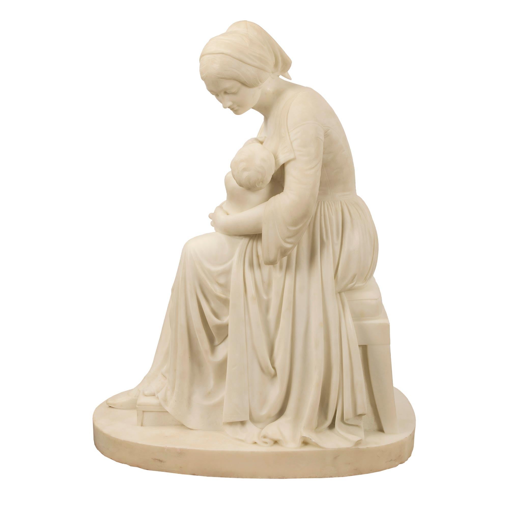 Italian 19th Century Carrara Marble Statue of Mother and Child, Signed Franchi For Sale 2