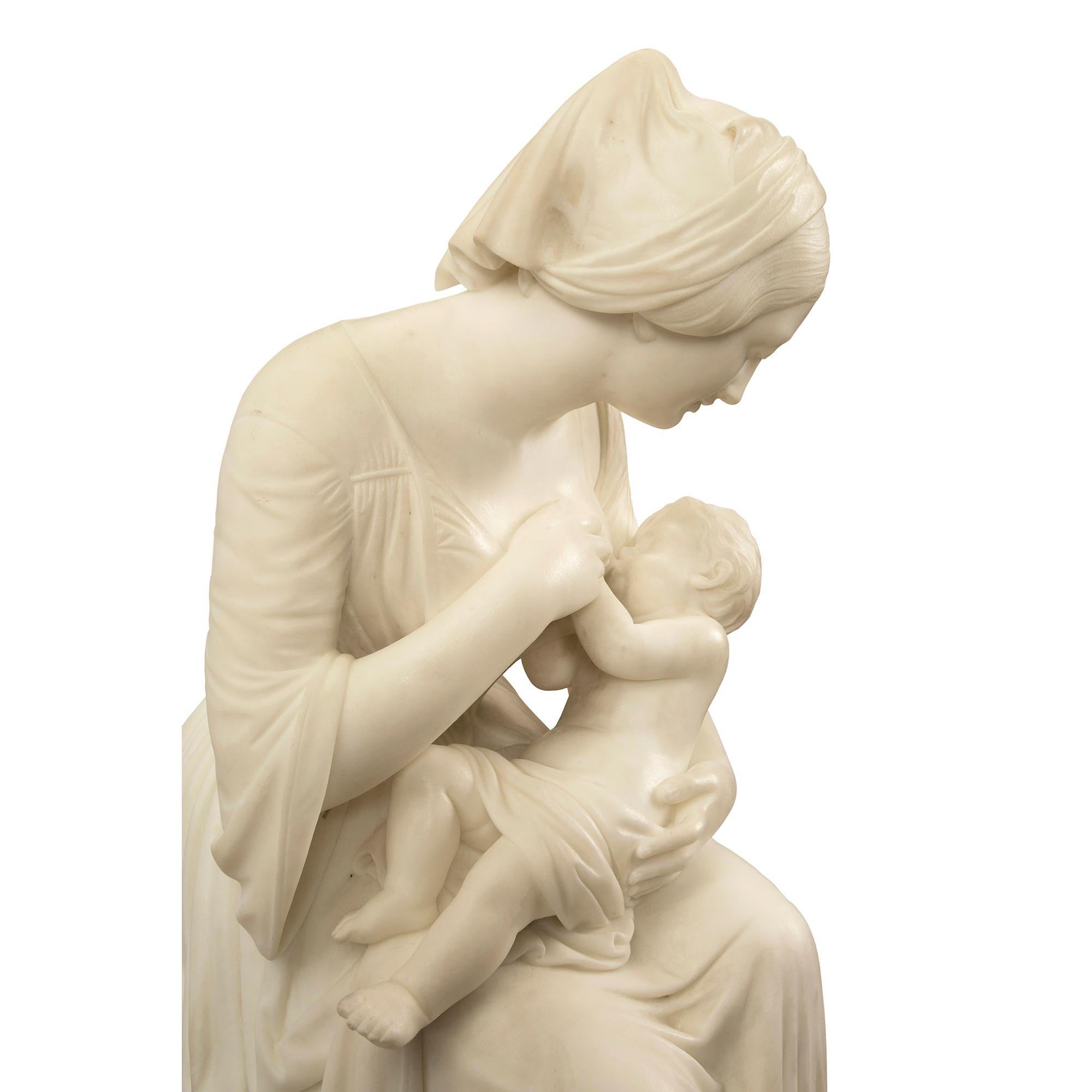 Italian 19th Century Carrara Marble Statue of Mother and Child, Signed Franchi For Sale 3