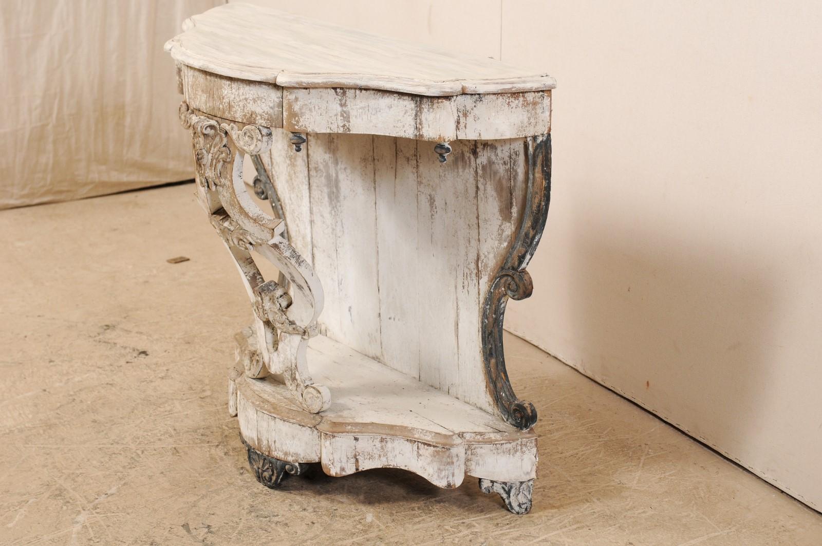 Italian 19th Century Carved and Painted Wood Rococo Style Demilune Console Table In Good Condition In Atlanta, GA