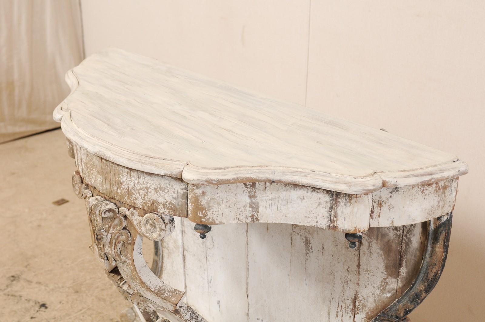 Italian 19th Century Carved and Painted Wood Rococo Style Demilune Console Table 2
