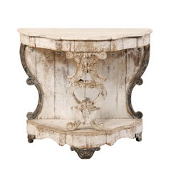 Italian 19th Century Carved and Painted Wood Rococo Style Demilune Console Table