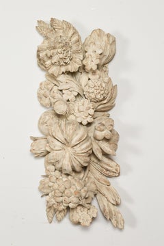 Italian 19th Century Carved and Painted Wooden Fragment with Fruits and Flowers