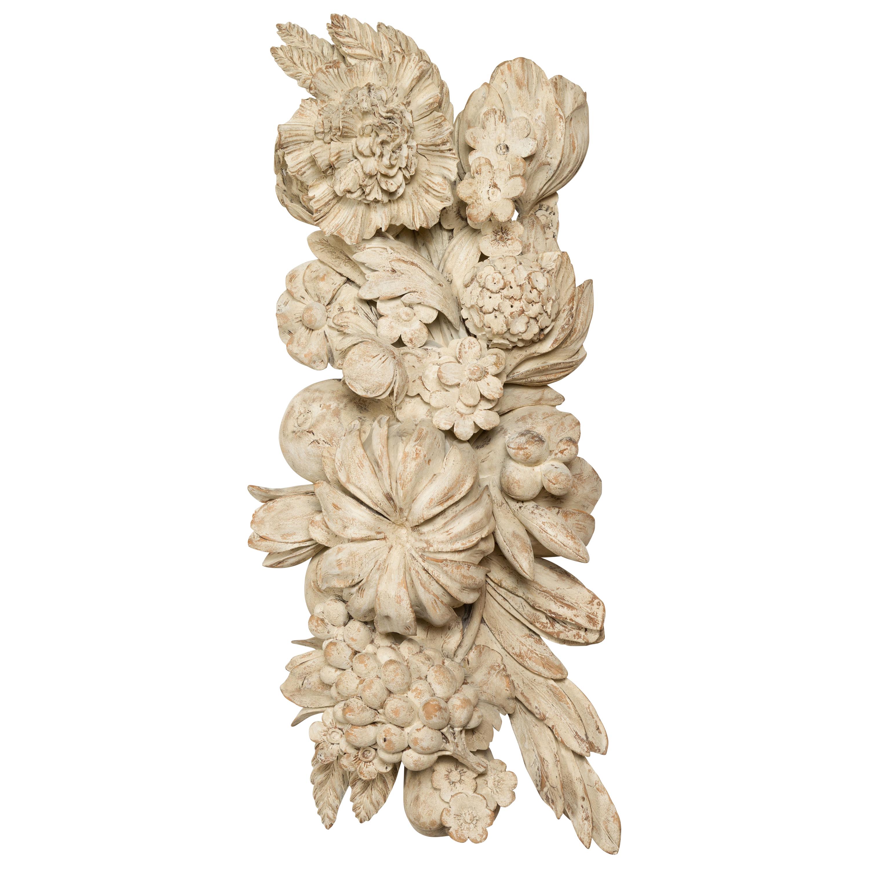 Italian 19th Century Carved and Painted Wooden Fragment with Fruits and Flowers
