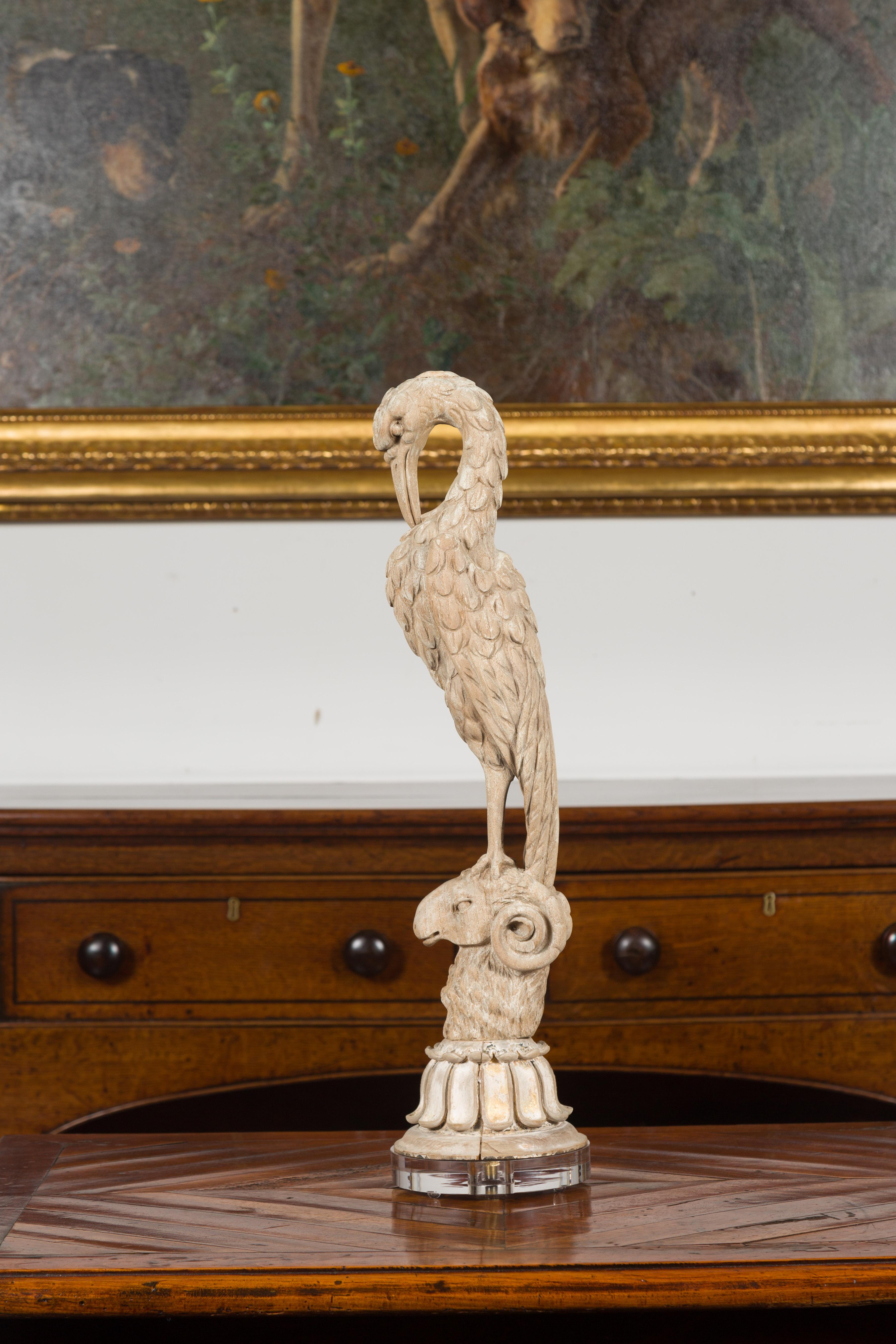 Italian 19th Century Carved Bird on Ram's Head Fragment Mounted on Custom Lucite For Sale 7
