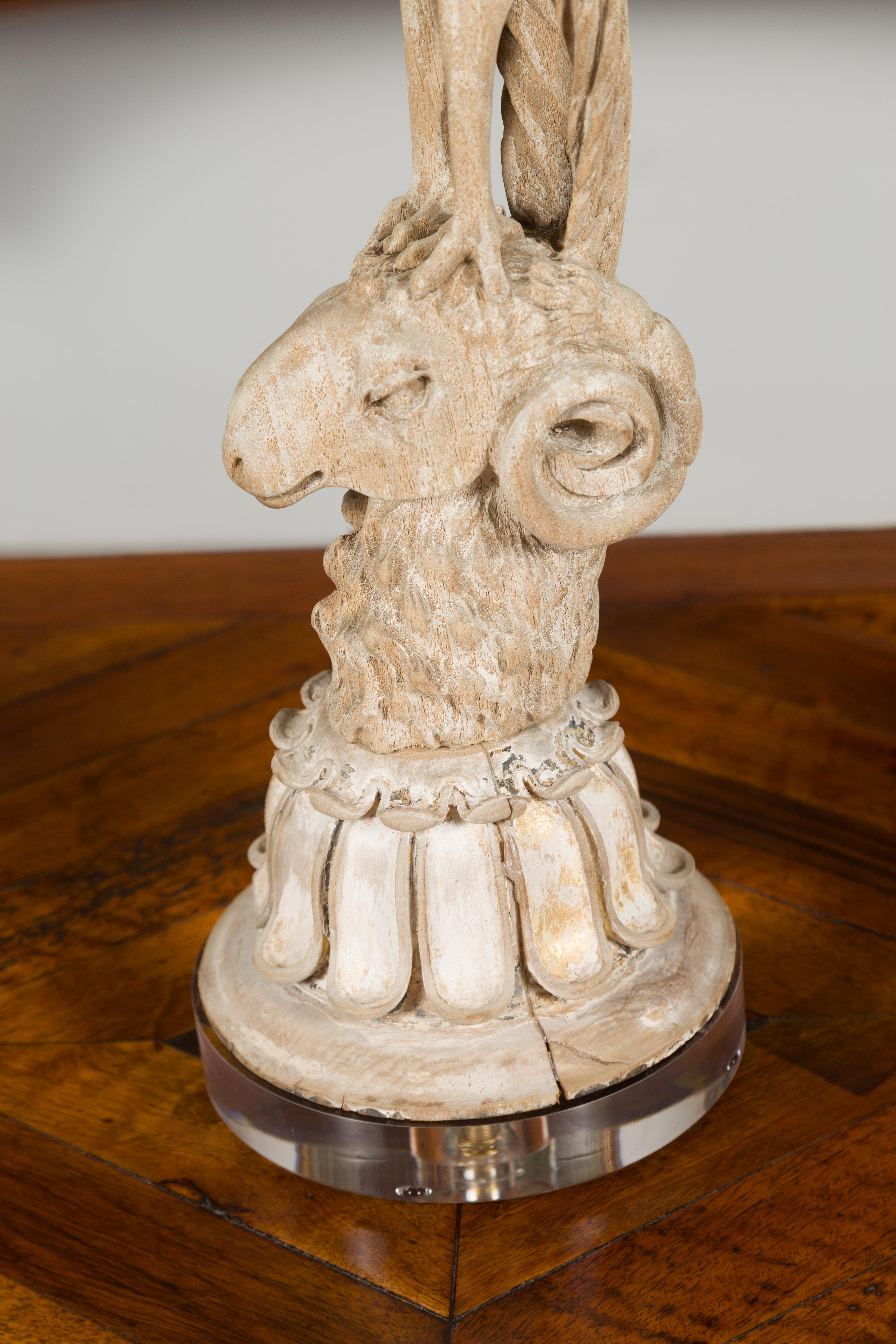 Italian 19th Century Carved Bird on Ram's Head Fragment Mounted on Custom Lucite For Sale 3