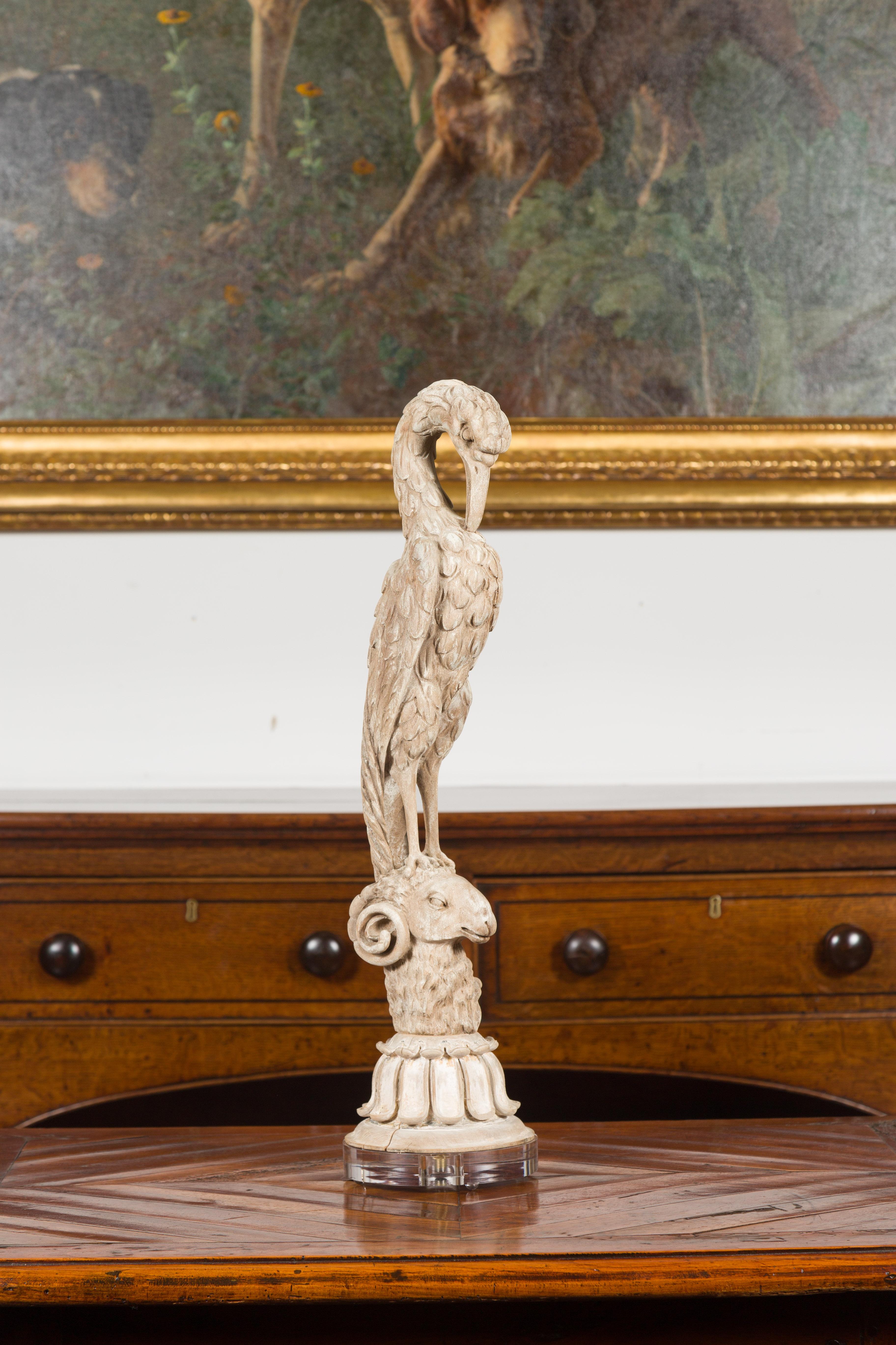 Italian 19th Century Carved Bird on Ram's Head Fragment Mounted on Custom Lucite For Sale 5