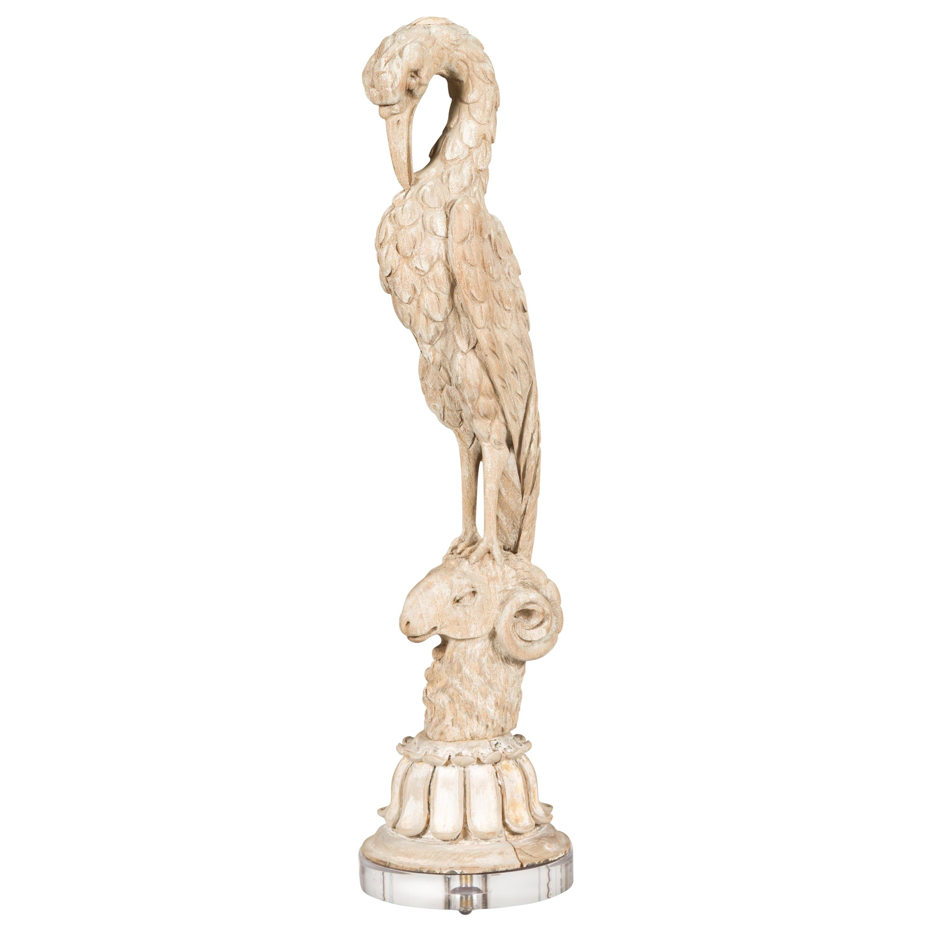 Italian 19th Century Carved Bird on Ram's Head Fragment Mounted on Custom Lucite For Sale