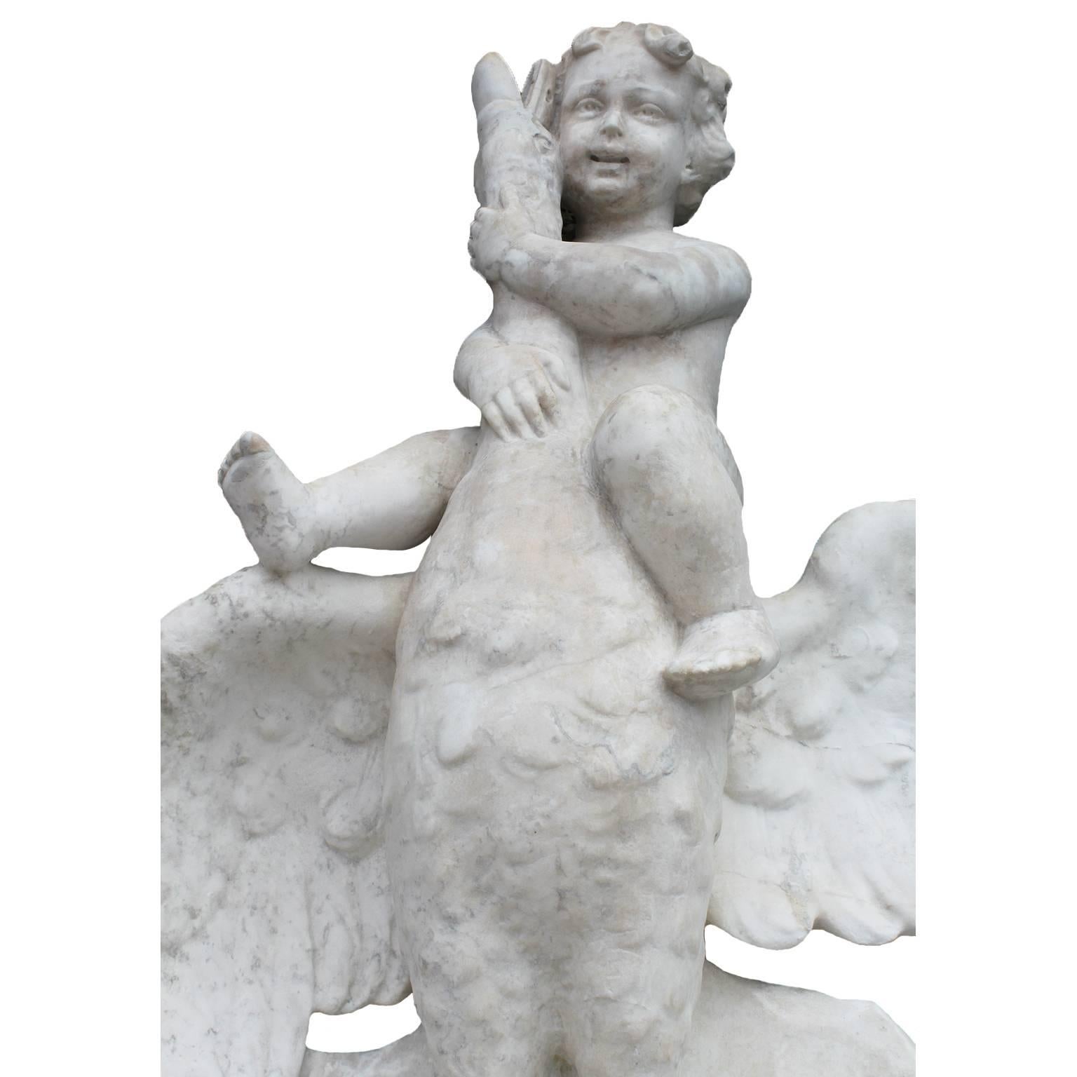 Hand-Carved Italian 19th Century Carved White Marble Figural Fountain a Putto on a Goose