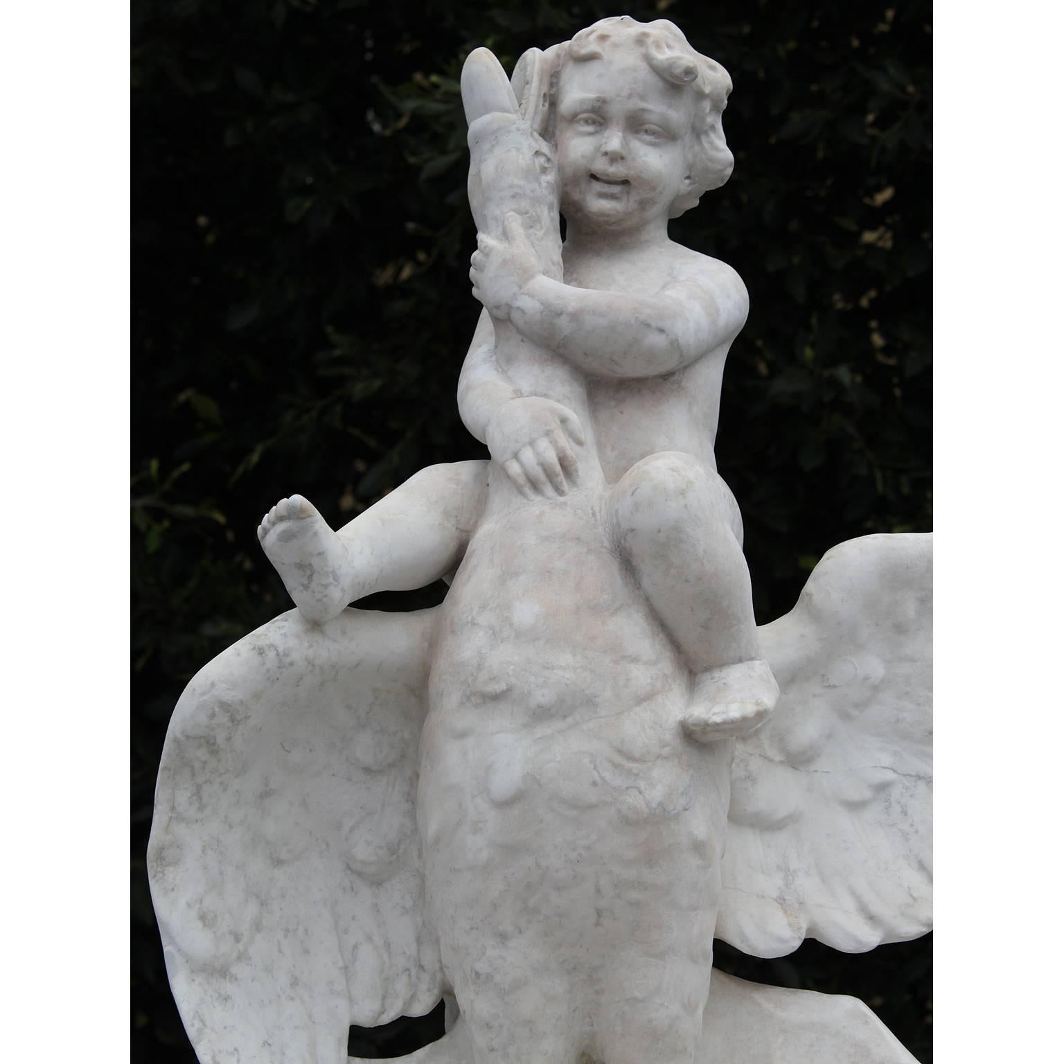 Italian 19th Century Carved White Marble Figural Fountain a Putto on a Goose In Fair Condition In Los Angeles, CA