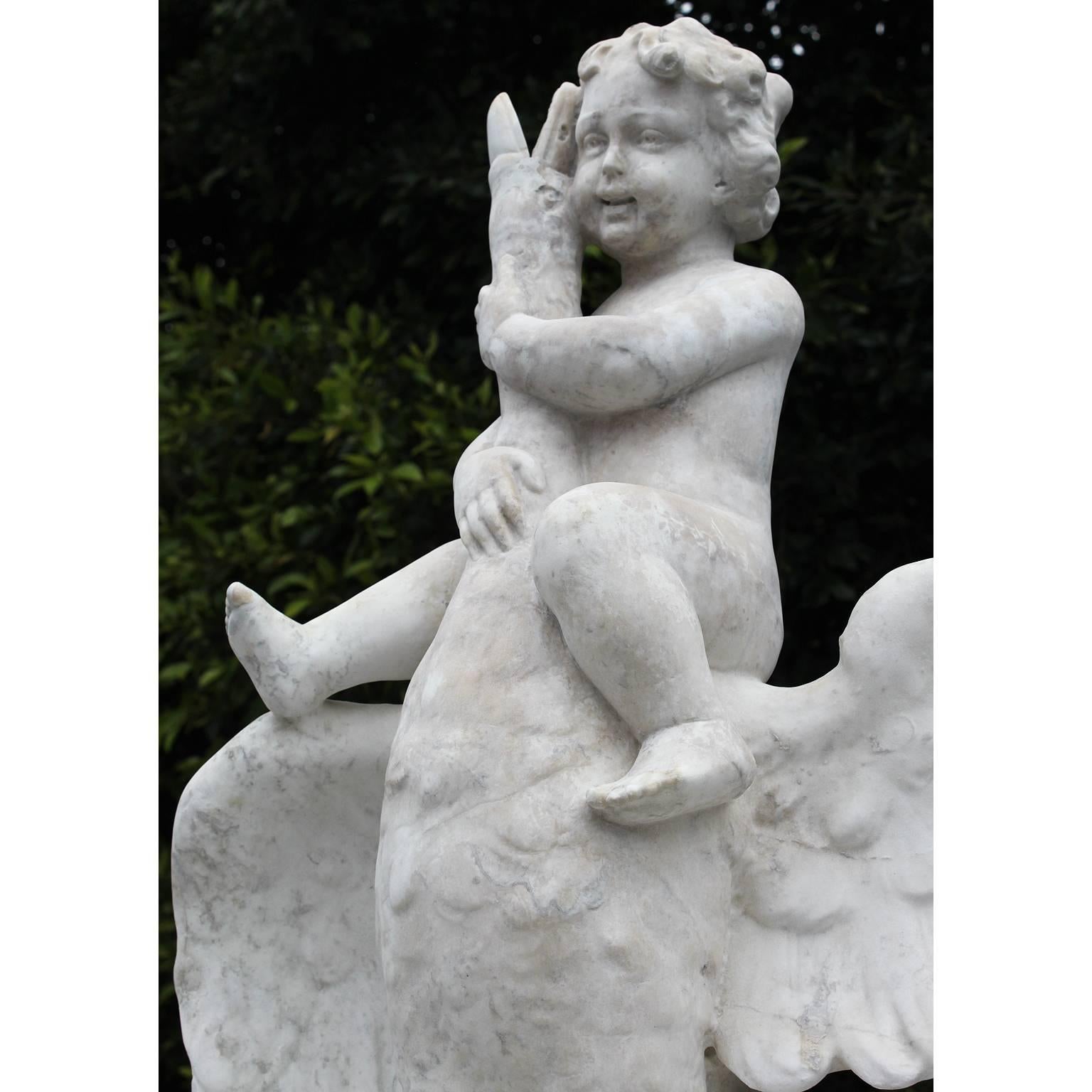 Italian 19th Century Carved White Marble Figural Fountain a Putto on a Goose 1