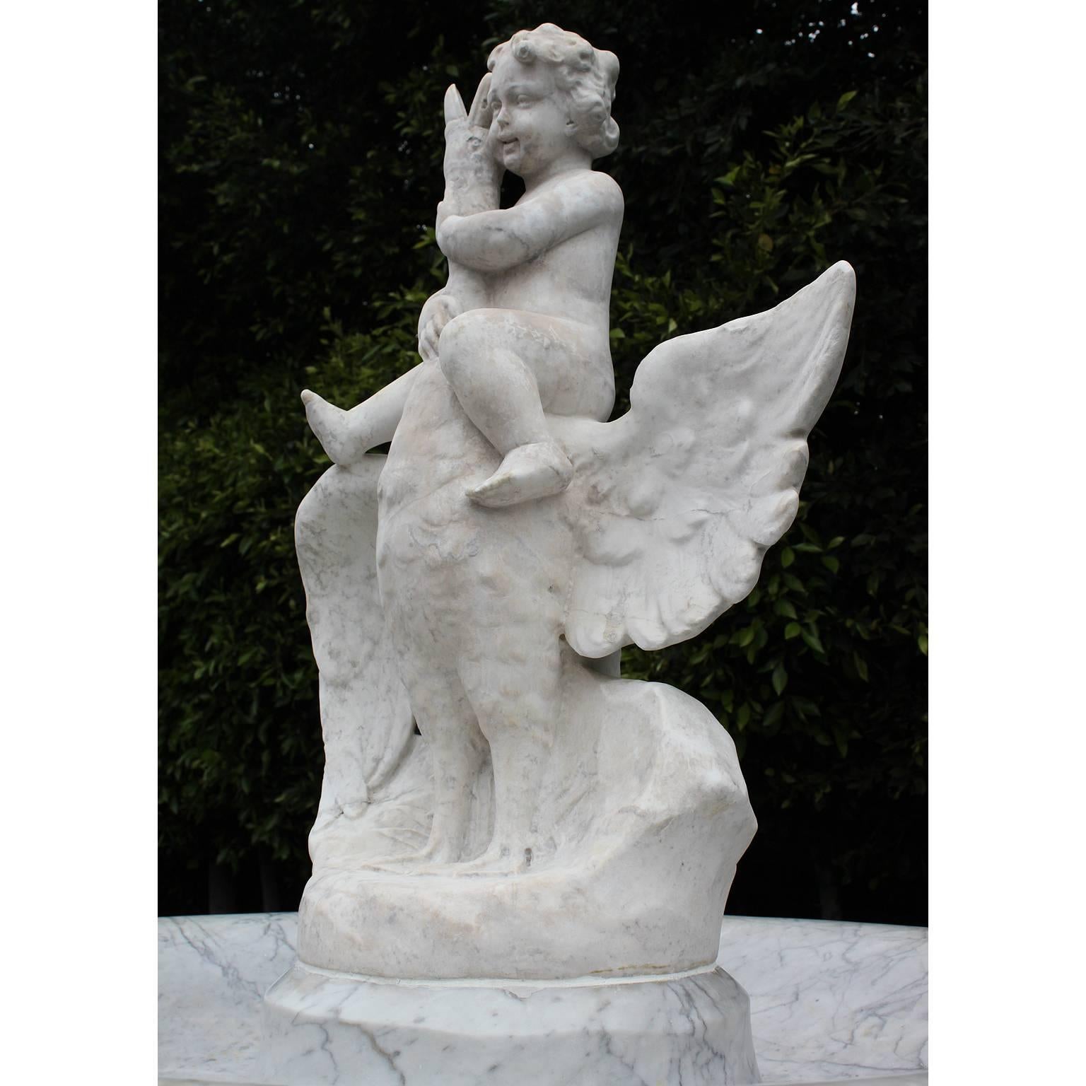 Italian 19th Century Carved White Marble Figural Fountain a Putto on a Goose 2