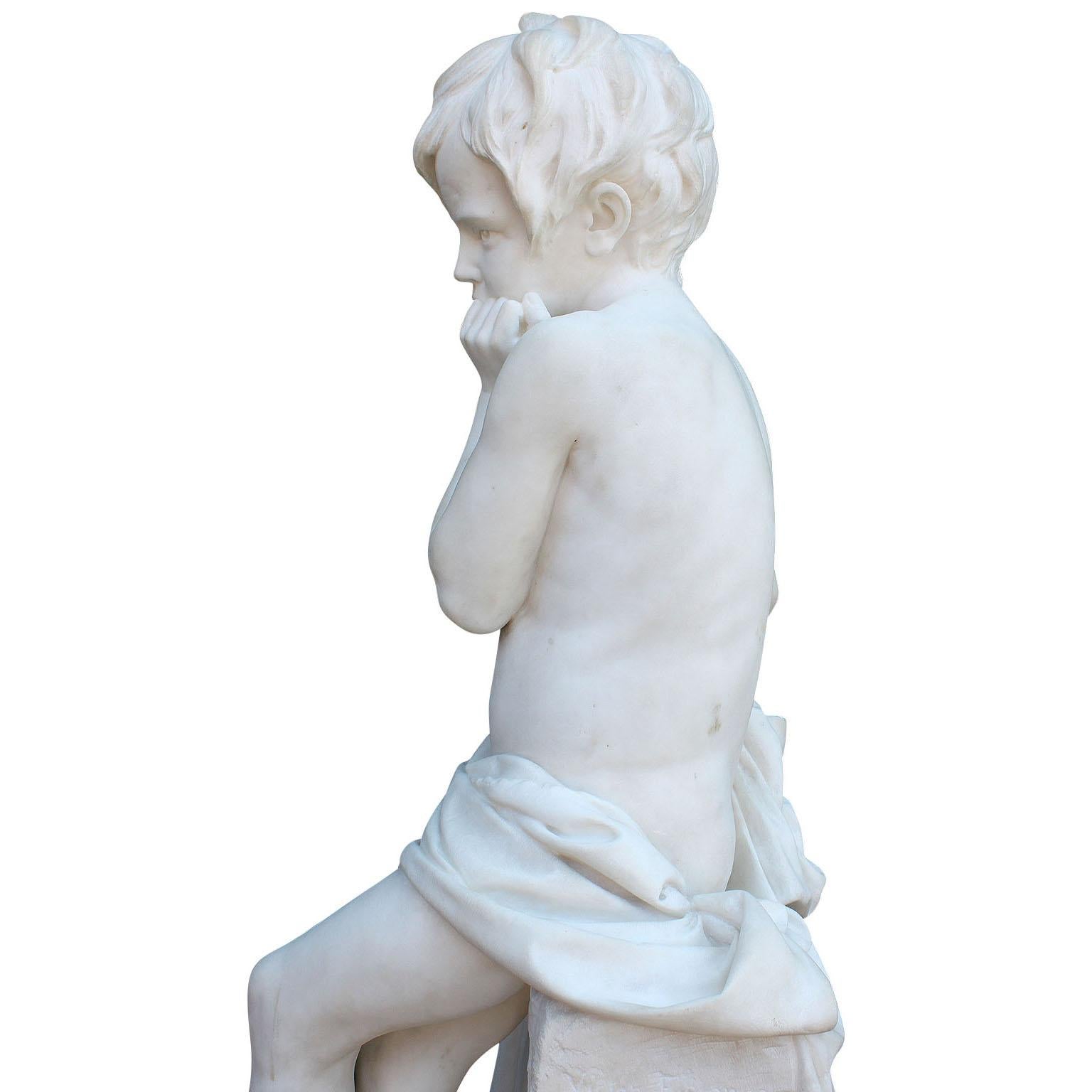 Italian 19th Century Carved Carrara Marble Figure of a Young Boy with a Mandolin 5