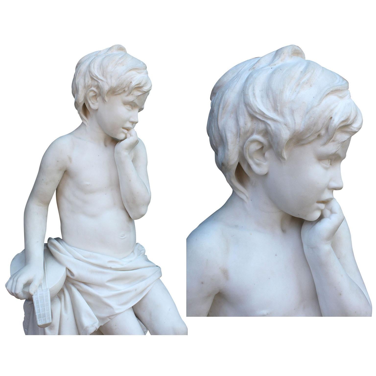 Italian 19th Century Carved Carrara Marble Figure of a Young Boy with a Mandolin 6