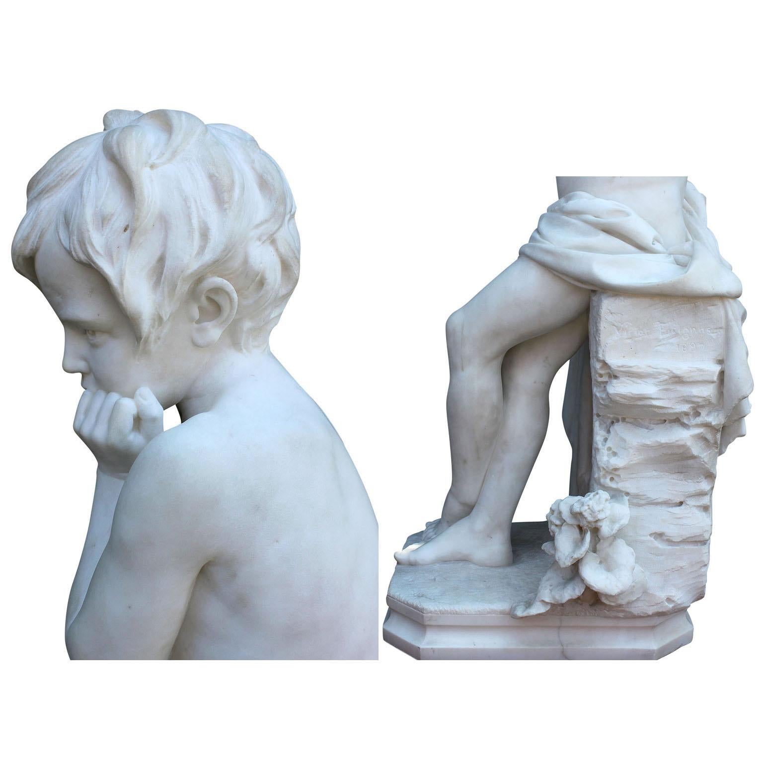 Italian 19th Century Carved Carrara Marble Figure of a Young Boy with a Mandolin 7