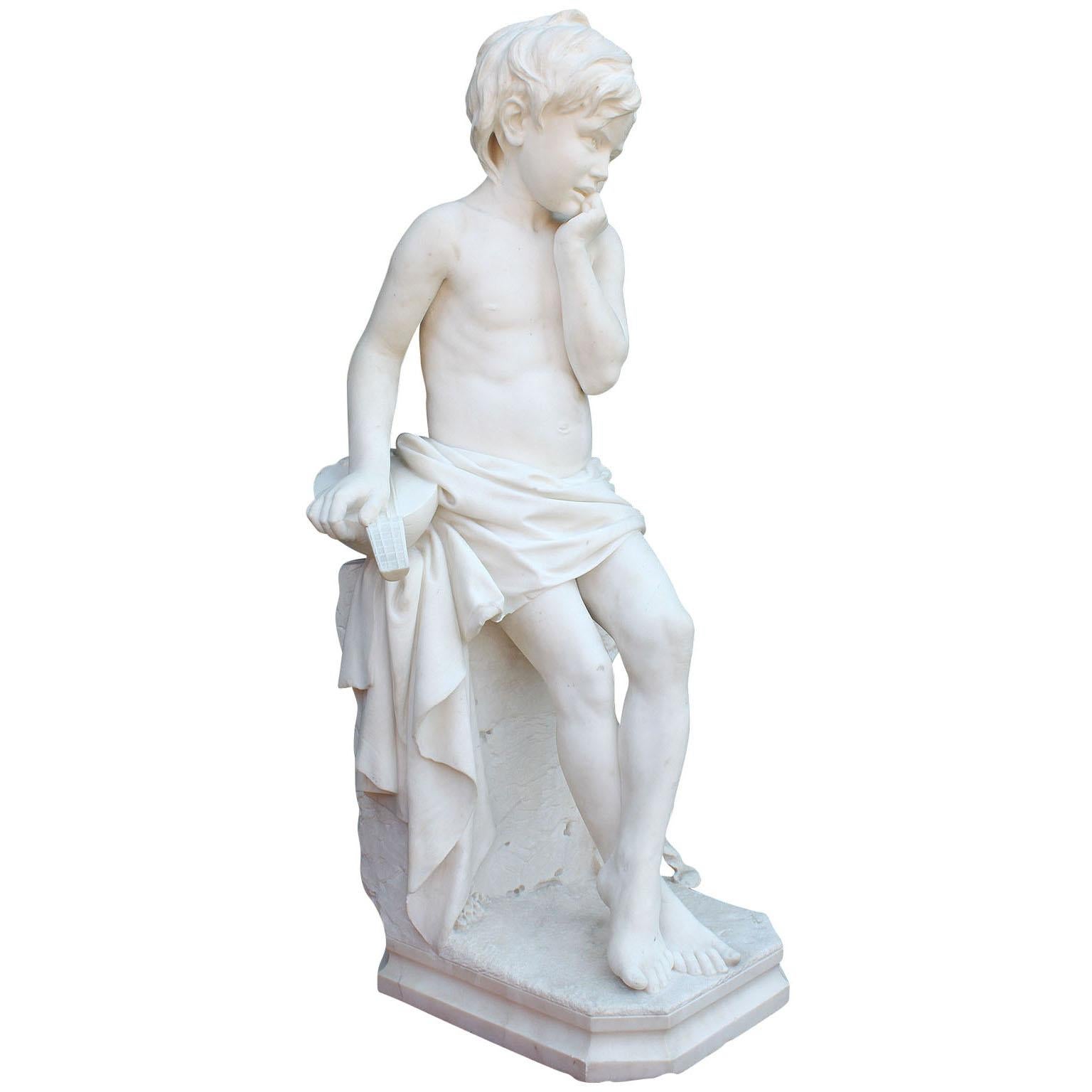 Belle Époque Italian 19th Century Carved Carrara Marble Figure of a Young Boy with a Mandolin