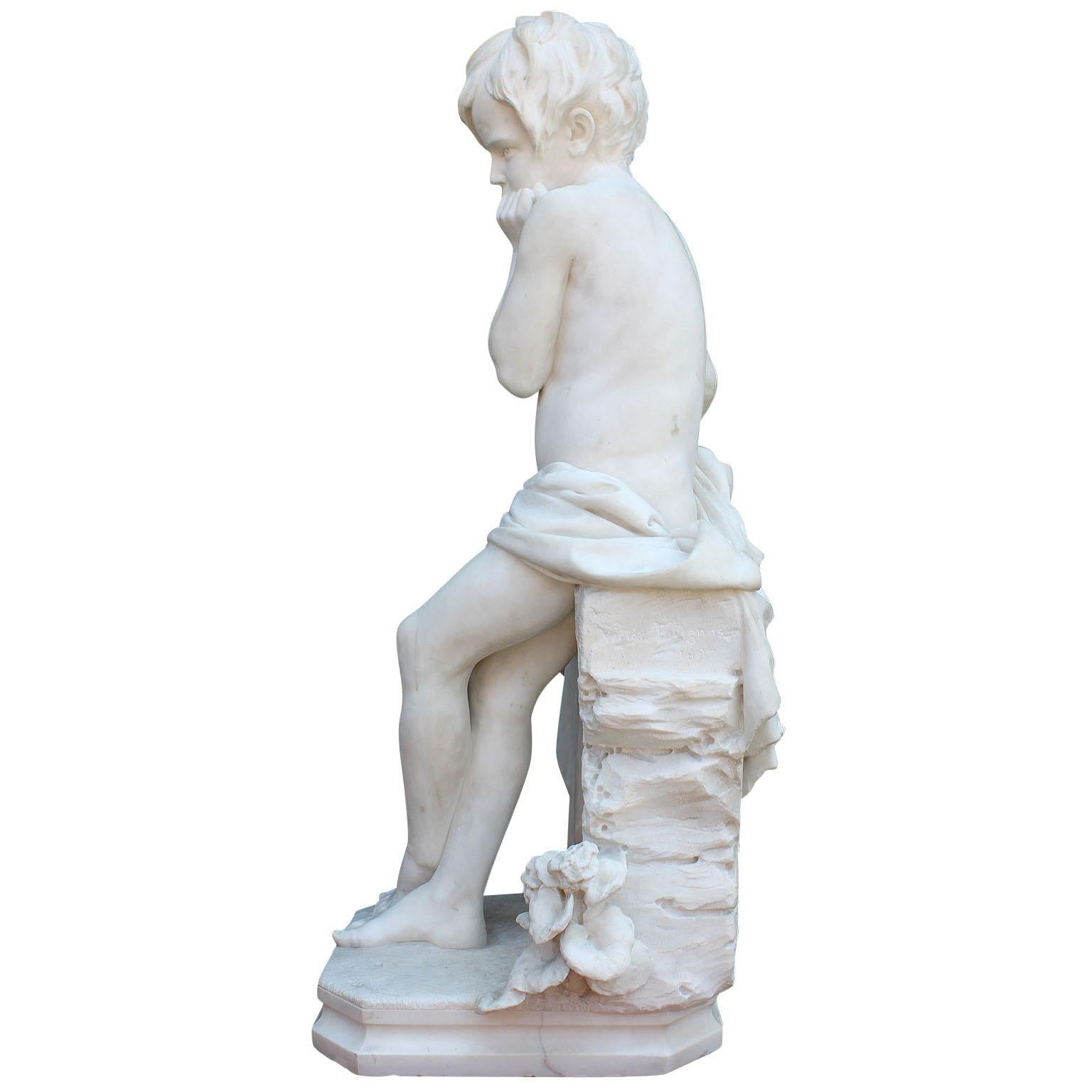 Hand-Carved Italian 19th Century Carved Carrara Marble Figure of a Young Boy with a Mandolin