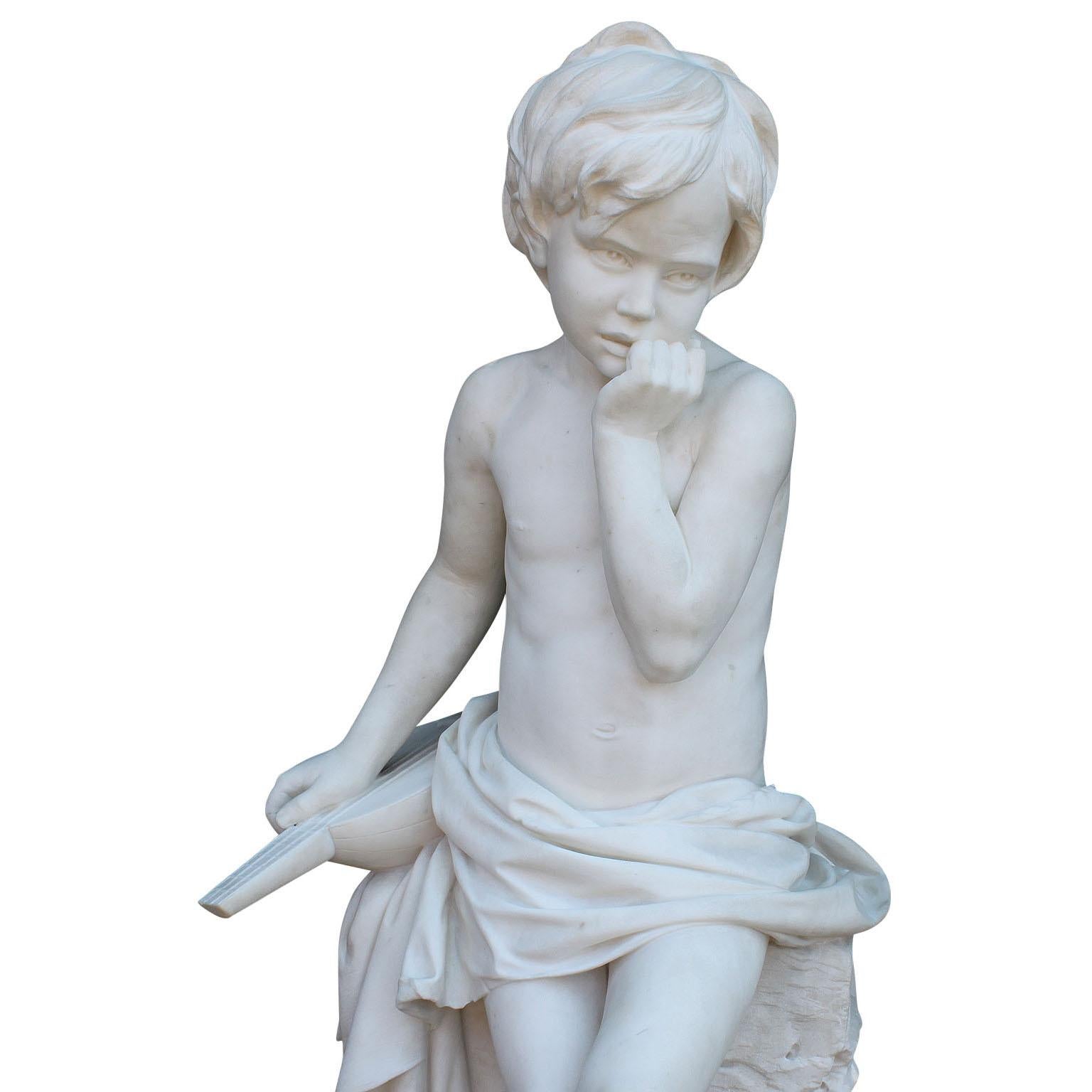 Italian 19th Century Carved Carrara Marble Figure of a Young Boy with a Mandolin In Good Condition In Los Angeles, CA