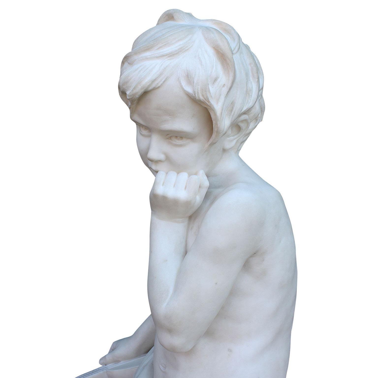 Italian 19th Century Carved Carrara Marble Figure of a Young Boy with a Mandolin 1