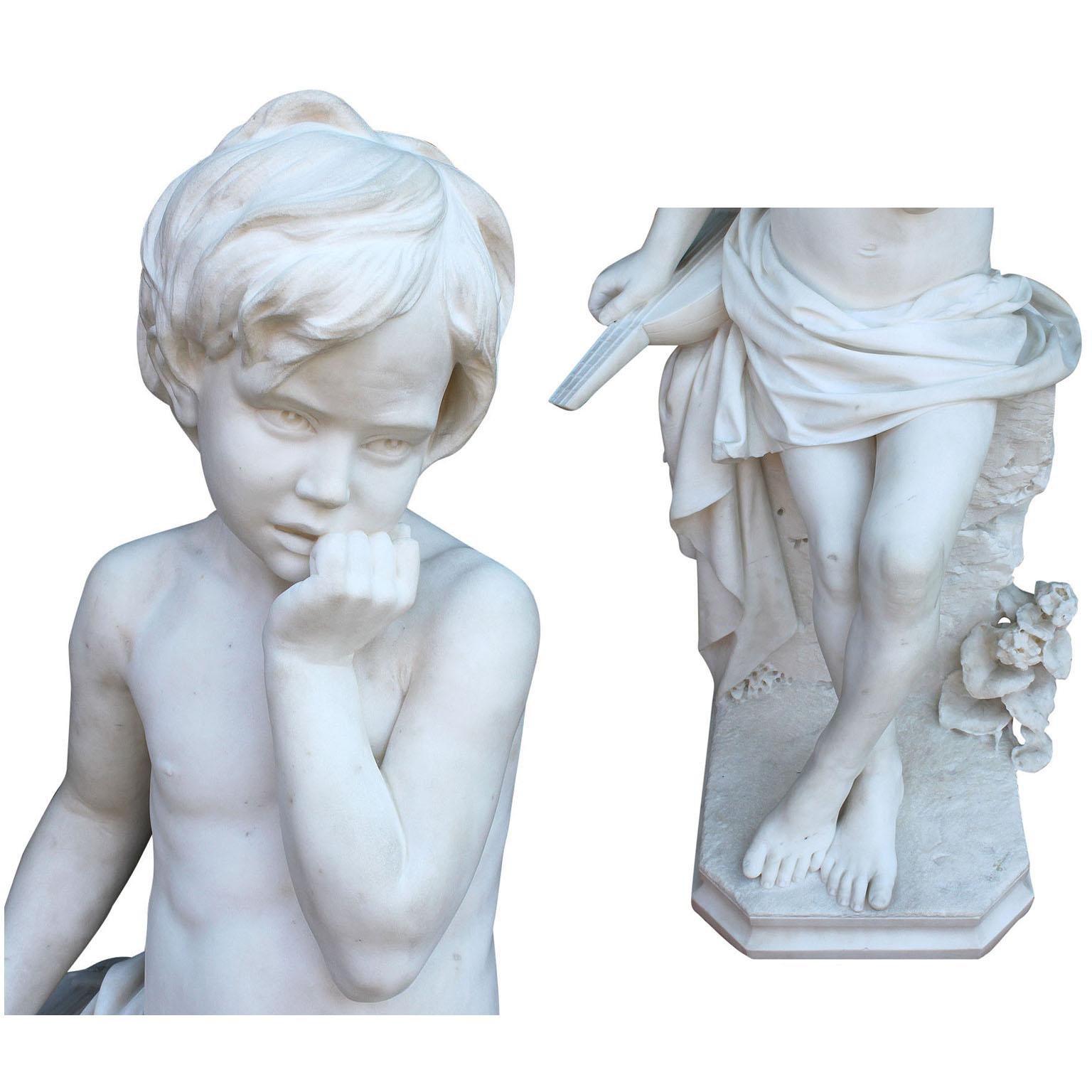 Italian 19th Century Carved Carrara Marble Figure of a Young Boy with a Mandolin 2