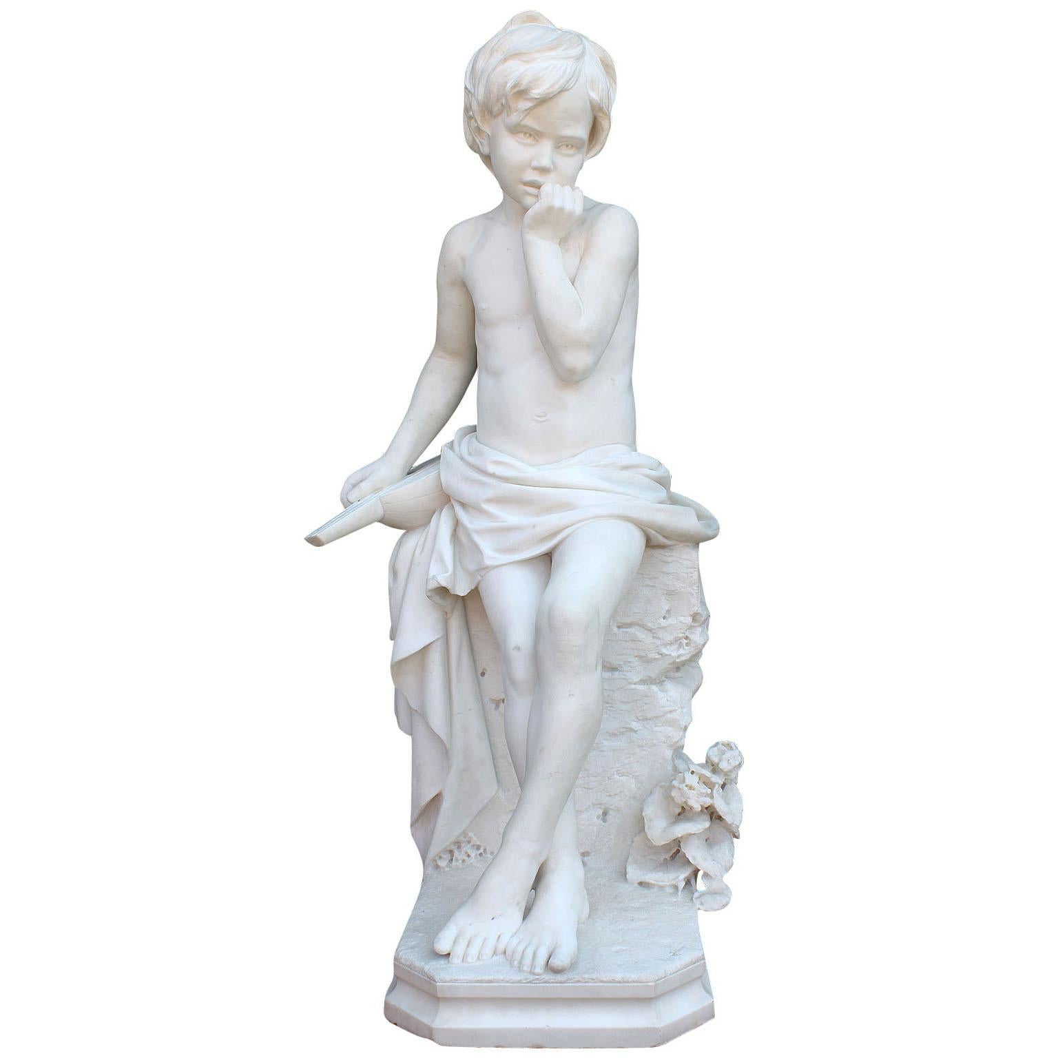 Italian 19th Century Carved Carrara Marble Figure of a Young Boy with a Mandolin
