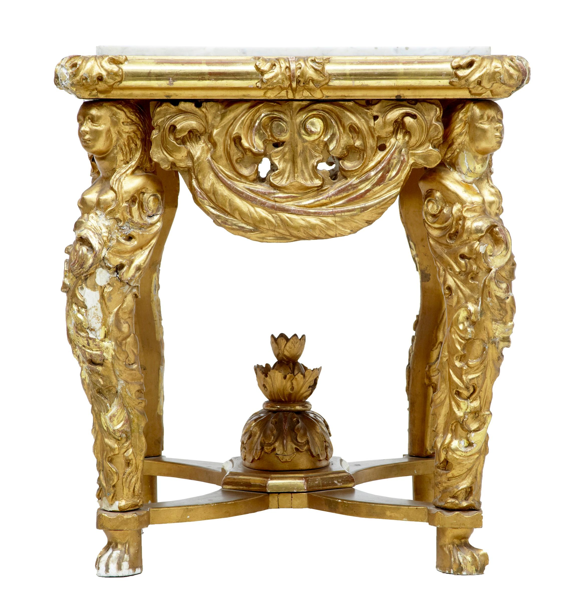 Rococo Revival Italian 19th Century Carved Gilt Marble Top Center Table