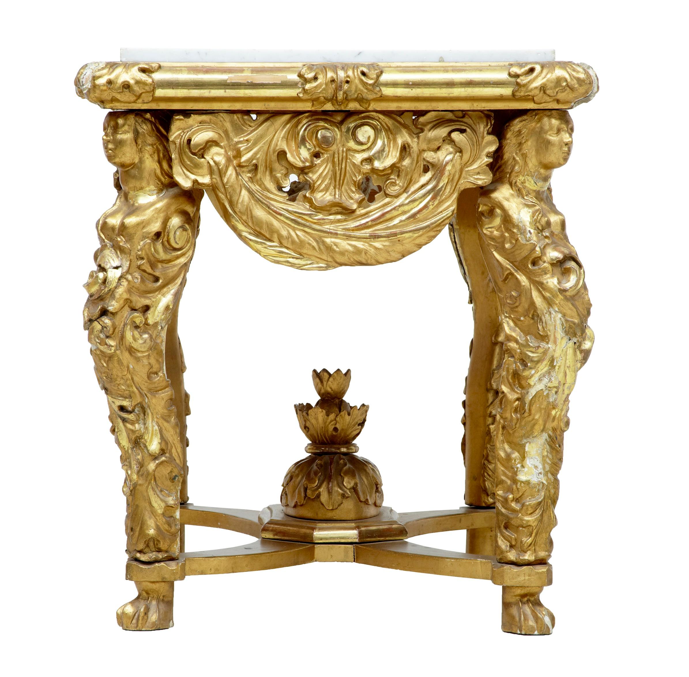 Giltwood Italian 19th Century Carved Gilt Marble-Top Center Table