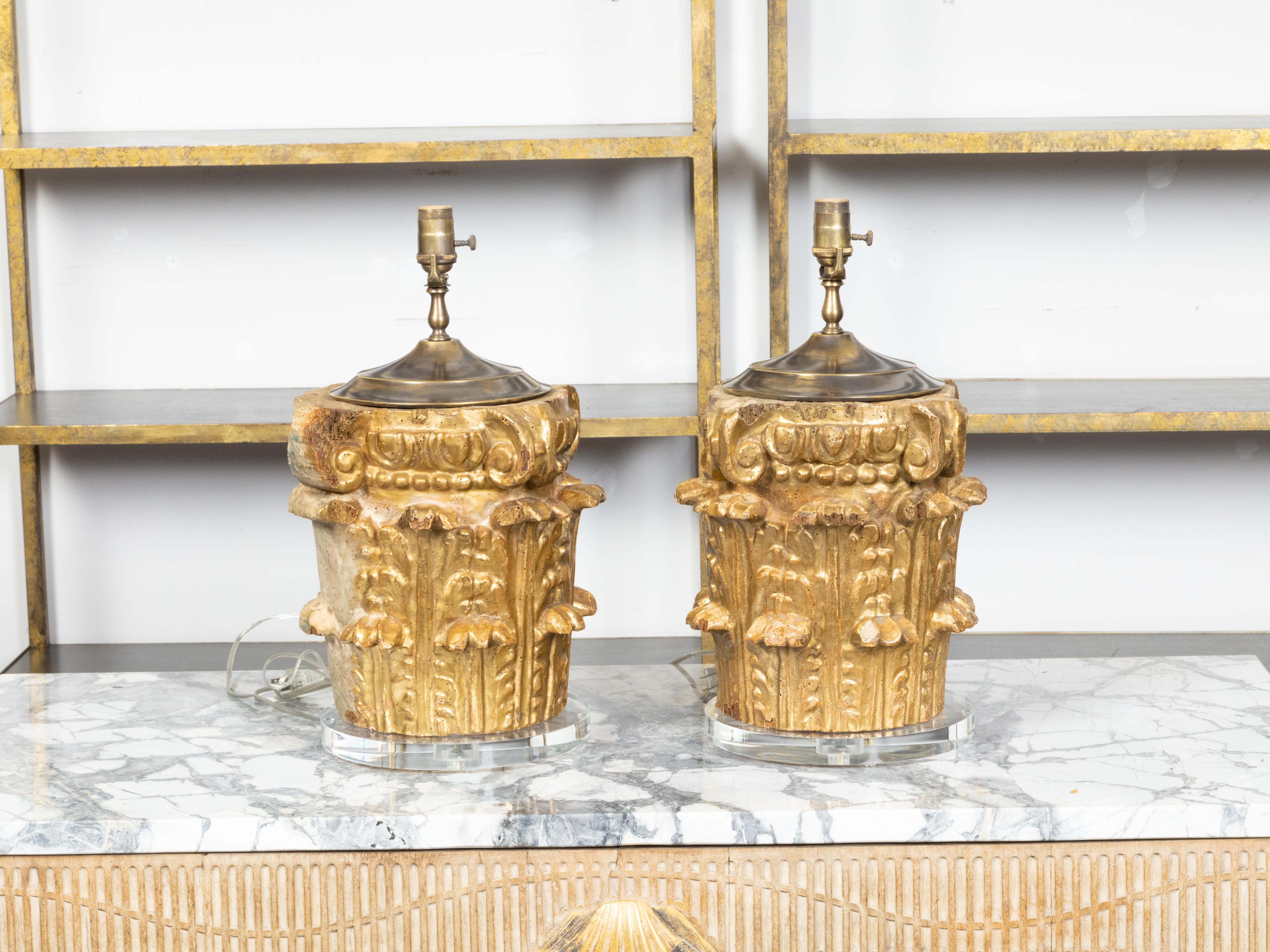 Lucite Italian 19th Century Carved Giltwood Composite Capitals Made into Table Lamps For Sale
