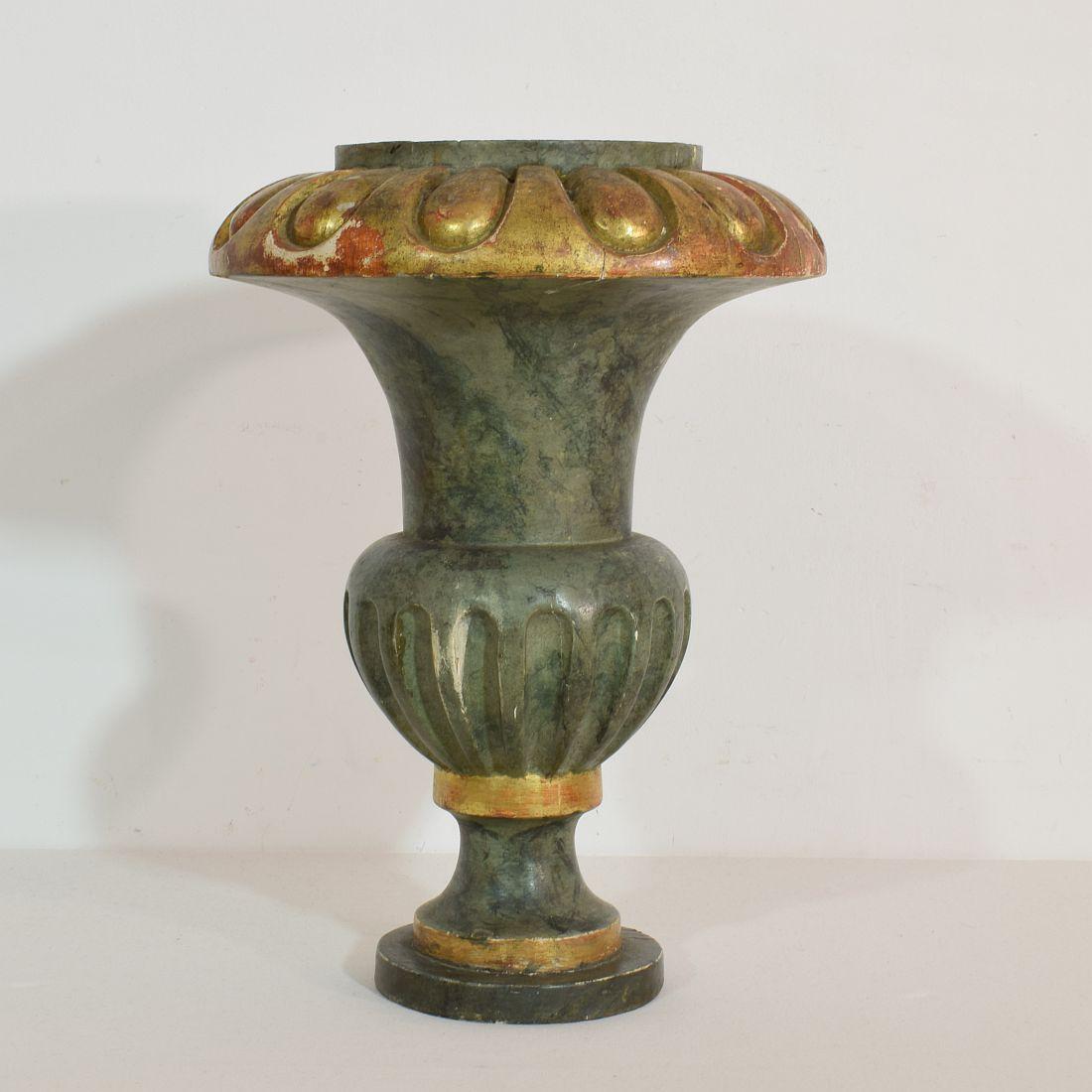 Beautiful wooden vase with its original gilding and color, Italy, circa 1880-1900.
Weathered.