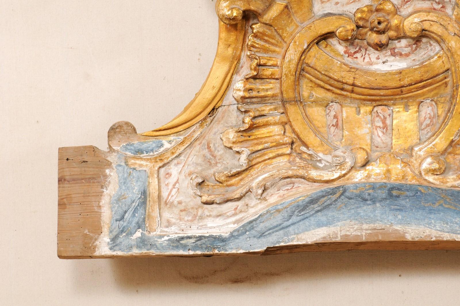 Italian Early 19th Century Carved, Painted & Gilded Wood Baroque Style Pediment In Good Condition In Atlanta, GA