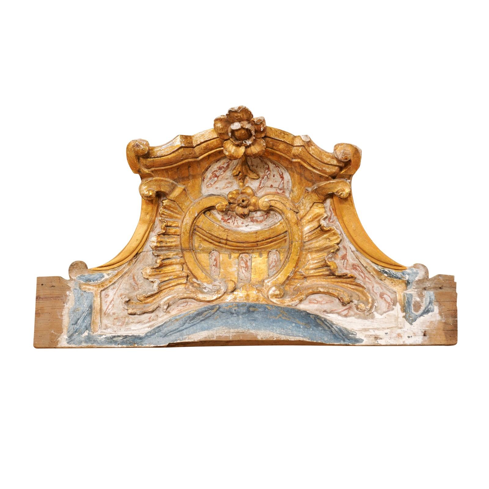 Italian Early 19th Century Carved, Painted & Gilded Wood Baroque Style Pediment