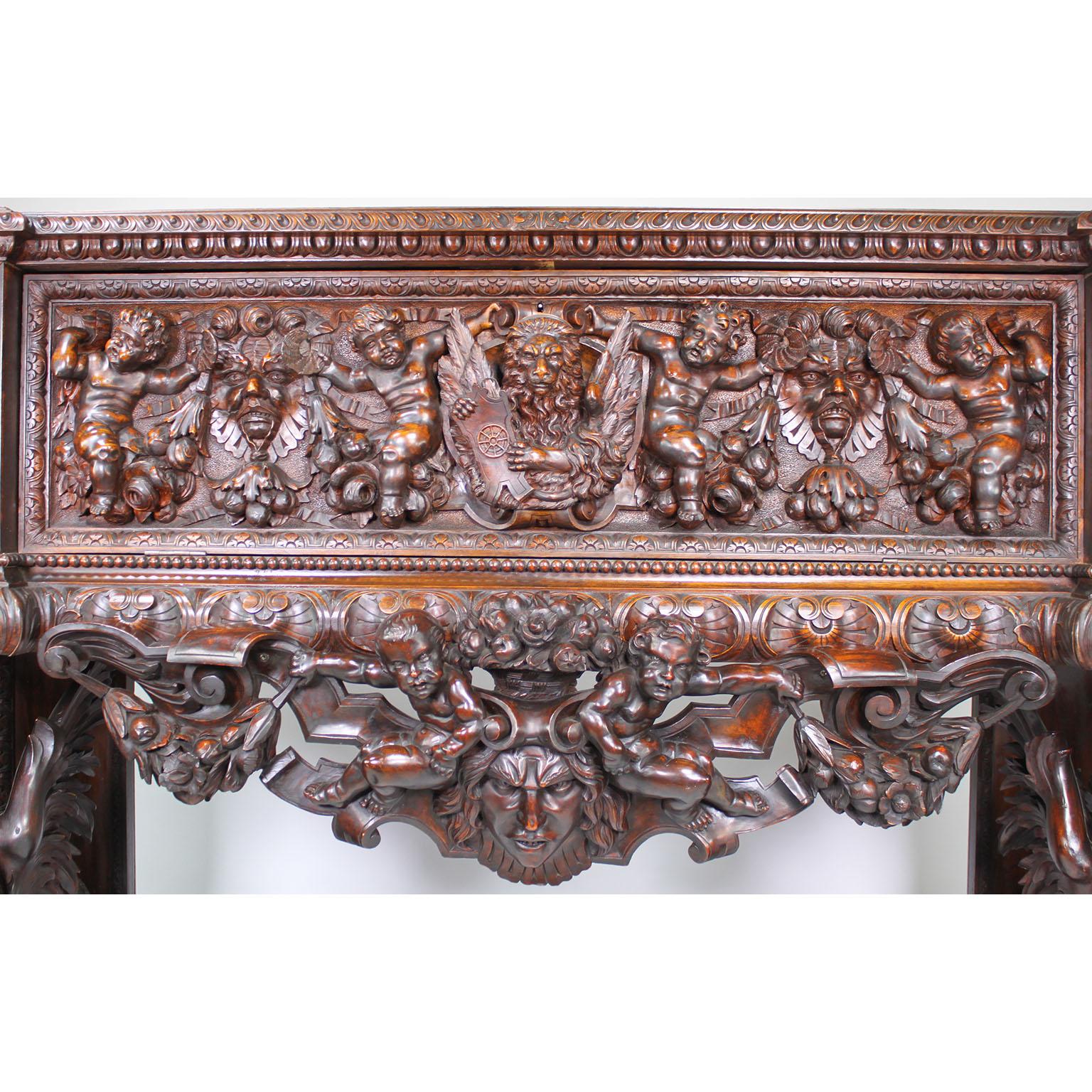 Baroque Revival Italian 19th Century Carved Walnut Cassone Chest with Putti and Winged Dragons For Sale