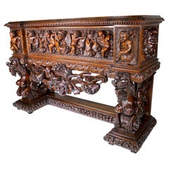Italian 19th Century Carved Walnut Cassone Chest with Putti and Winged Dragons