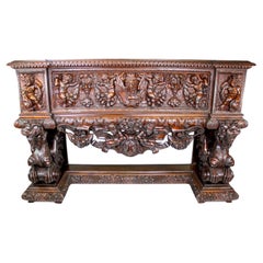 Italian 19th Century Carved Walnut Cassone Chest with Putti and Winged Dragons