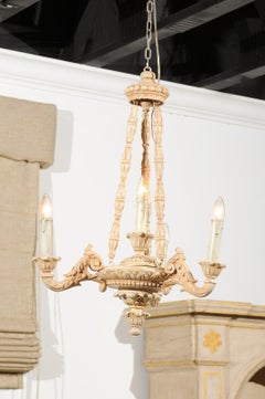 Italian 19th Century Carved Wooden Three-Light Chandelier with Scrolling Arms