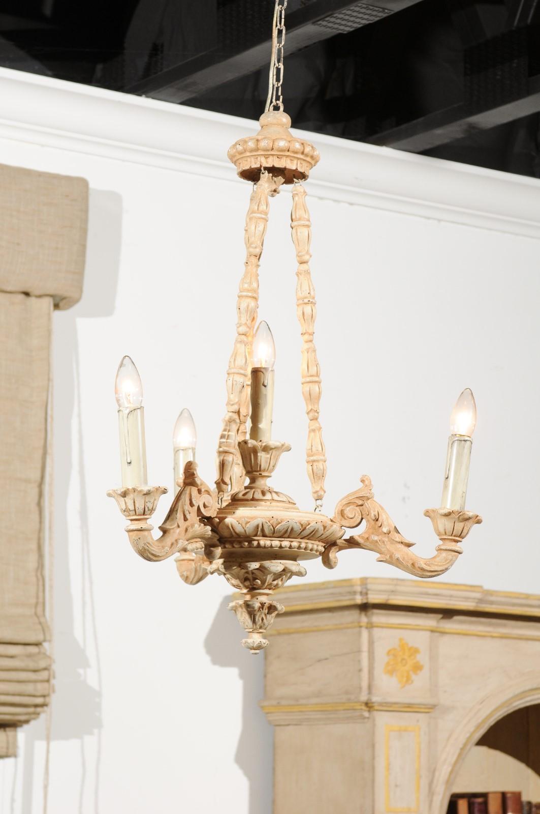 Italian 19th Century Carved Wooden Three-Light Chandelier with Scrolling Arms In Good Condition In Atlanta, GA