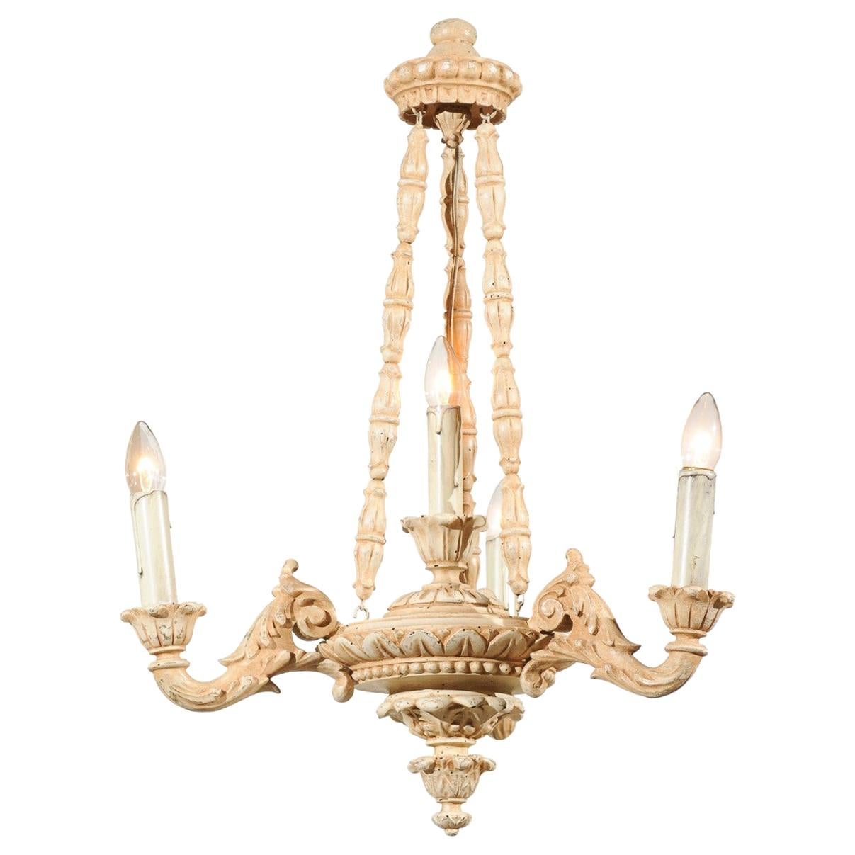 Italian 19th Century Carved Wooden Three-Light Chandelier with Scrolling Arms