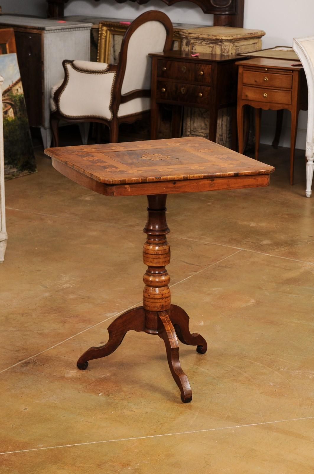 Inlay Italian 19th Century Center Table with Marquetry Décor and Turned Pedestal For Sale